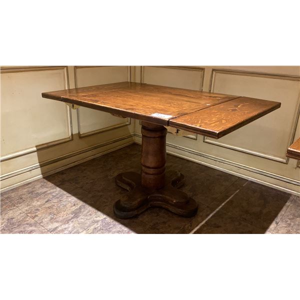 SINGLE PEDESTAL 34"X 31"H SQUARE SOLID PINE RESTAURANT TABLE WITH DUAL 10" FOLD DOWN EXTENSIONS