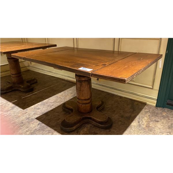 SINGLE PEDESTAL 34"X 31"H SQUARE SOLID PINE RESTAURANT TABLE WITH DUAL 10" FOLD DOWN EXTENSIONS