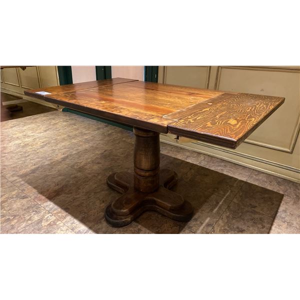 SINGLE PEDESTAL 34"X 31"H SQUARE SOLID PINE RESTAURANT TABLE WITH DUAL 10" FOLD DOWN EXTENSIONS