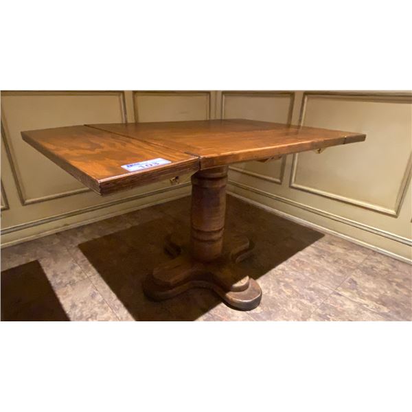 SINGLE PEDESTAL 34"X 31"H SQUARE SOLID PINE RESTAURANT TABLE WITH DUAL 10" FOLD DOWN EXTENSIONS