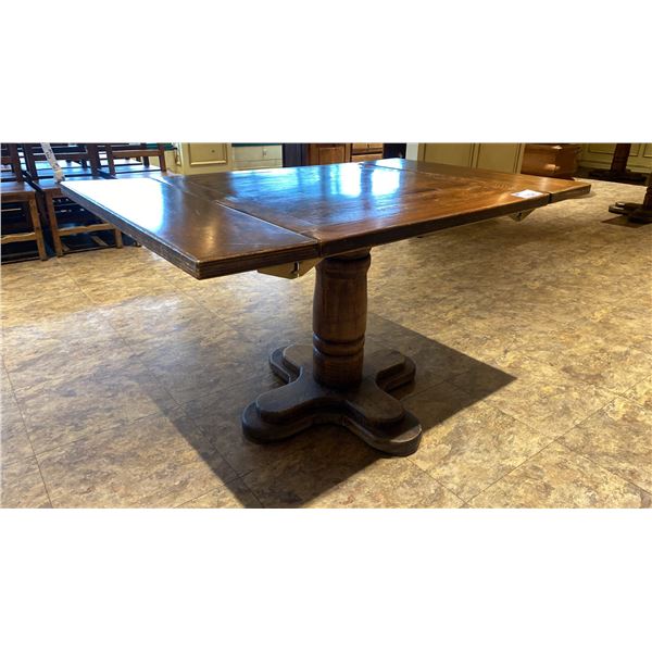 SINGLE PEDESTAL 34"X 31"H SQUARE SOLID PINE RESTAURANT TABLE WITH DUAL 10" FOLD DOWN EXTENSIONS