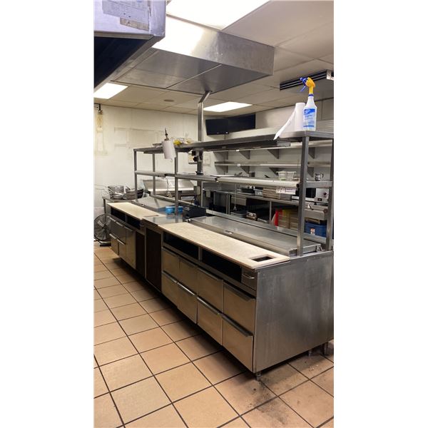 QUEST STAINLESS STEEL 2 STATION REFRIGERATED PREP TABLE WITH 2 TIER UPPER SHELVES