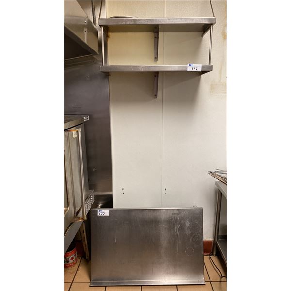 2 TIER WALL MOUNTED STAINLESS STEEL SHELVES APPROX 32" & TABLE TOP STAINLESS STEEL PREP TABLE
