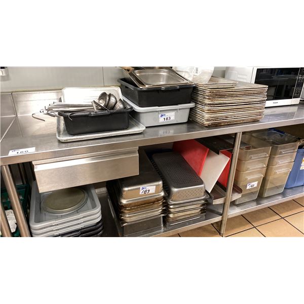 GROUP OF ASSORTED COMMERCIAL KITCHEN ITEMS- BAKING SHEETS, INSERTS, DISH BINS, LADLES, CUTTING