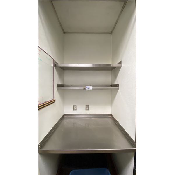 3 ASSORTED STAINLESS STEEL WALL MOUNTED SHELVES & TABLETOP