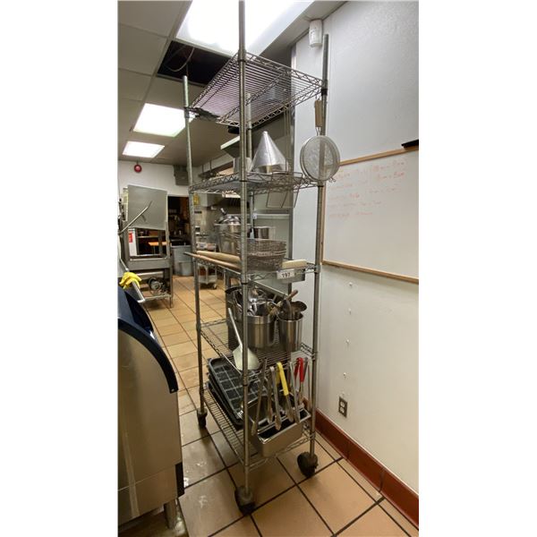 EFI 5 TIER MOBILE WIRE RACKING UNIT WITH ASSORTED COMMERCIAL RESTAURANT ITEMS-  FRYER