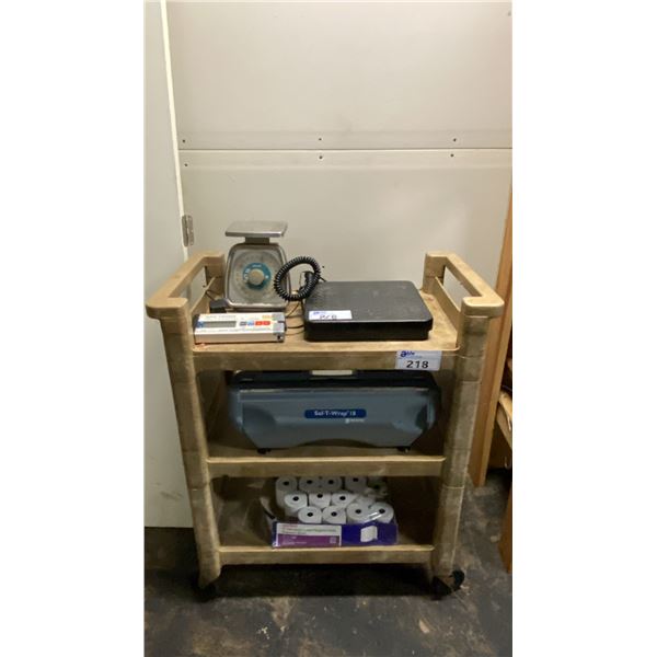 RUBBERMAID 3 TIER CART WITH PAPER ROLLS, SCALES & SAF-T-WRAP 18 DISPENSER