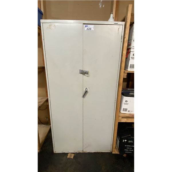 GLOBAL GREY 2 DOOR CABINET WITH ASSORTED CONTENTS- TOOLS, HARDWARE, LIGHTBULBS, ECT