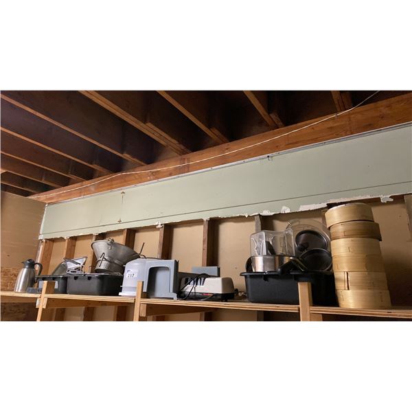 SHELF OF ASSORTED RESTAURANT ITEMS; COFFEE CARAFE, KNIFE SHARPENER, STEAMER BASKETS, CAKE COVERS
