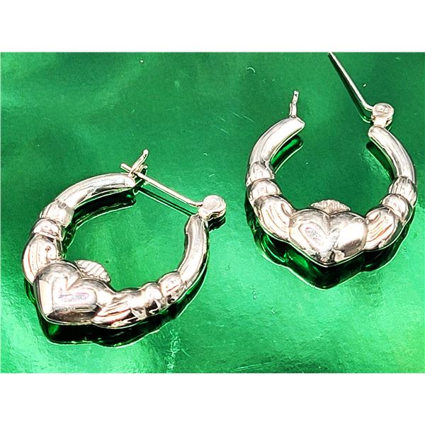 Sterling Silver 1" Puffed Claddagh Hoop Earrings