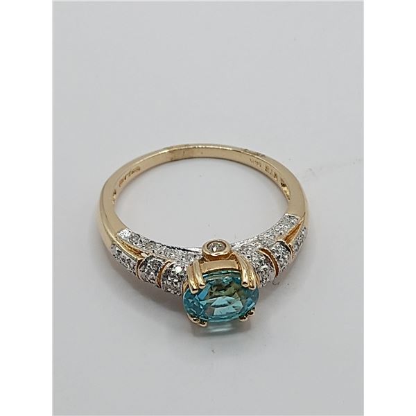 Heavenly Blue Zircon with Teal Overtones Ring with Diamond Shoulders