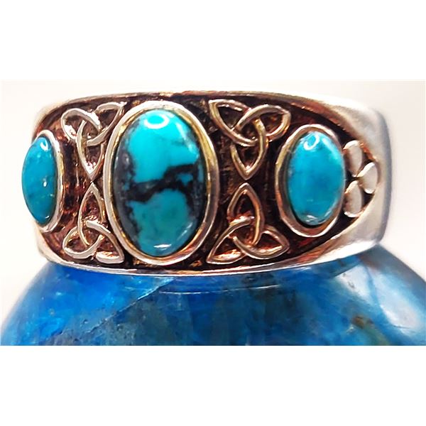 Cabochon Turquoise 3Stone Ring Celtic Ireland .925