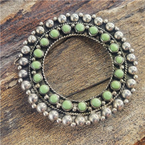 Vintage Green Turquoise-Studded Wreath Brooch .925