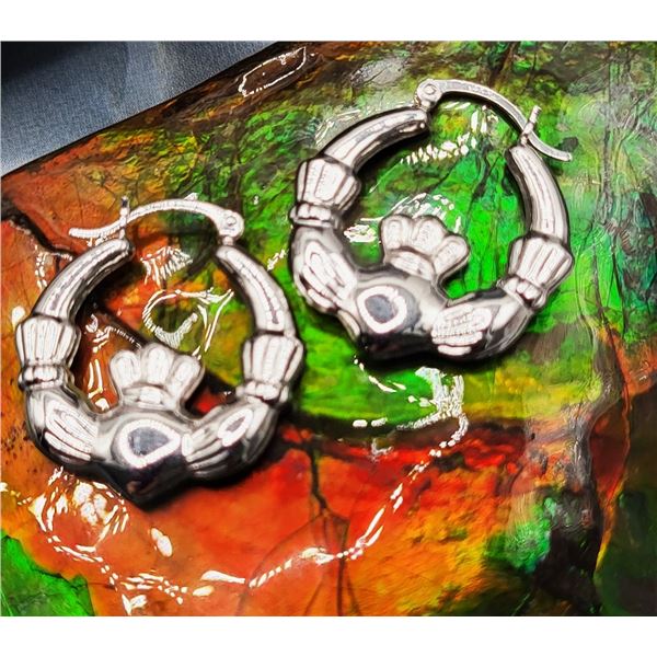 Love of the Irish White Gold Claddagh Hoops