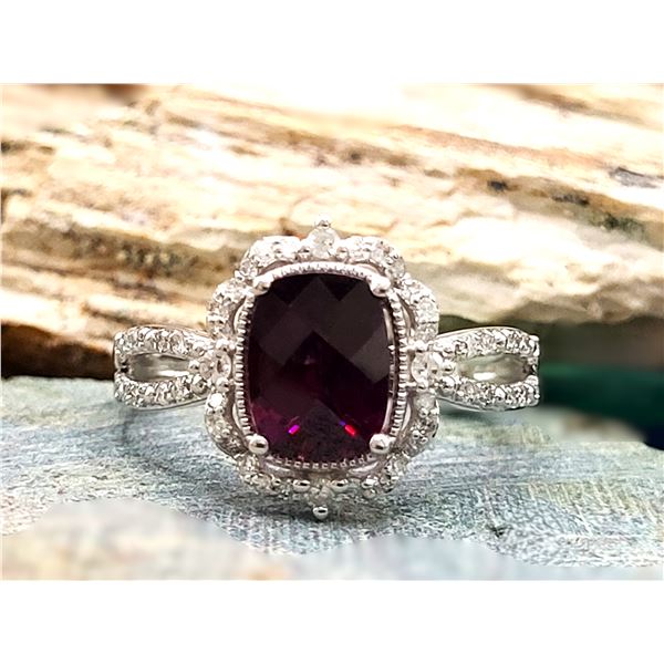 Cushion-Cut Rhodolite Garnet & Diamond Halo Ring