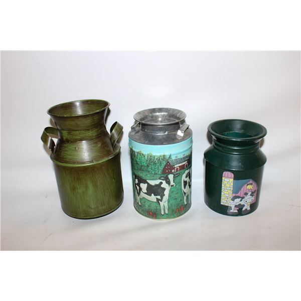 3 MINIATURE MILK CANS 4" TO 7" TALL