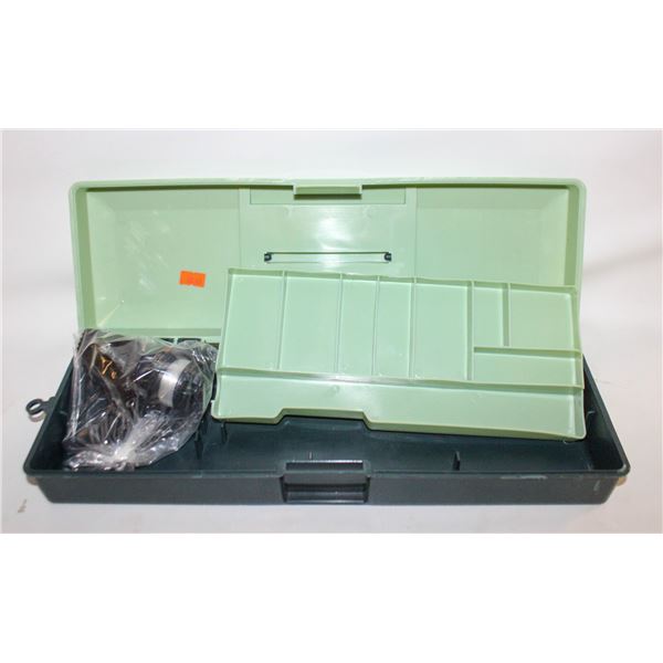 FISHING TACKLE BOX W/FISHING REEL & BOX OF 12PKS