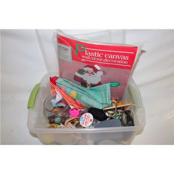 MINI LIDDED TOTE W/ESTATE CRAFTING ITEMS, ETC