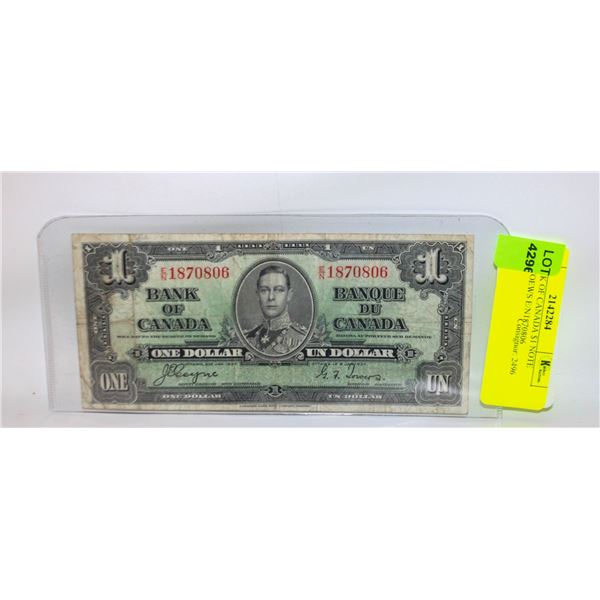 1937 BANK OF CANADA $1 NOTE COYNE TOEWS E/N1870806