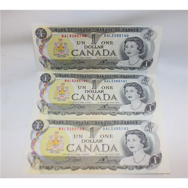 3 CONSECUTIVE SERIAL #'S $1 UNCIRCULATED BILLS CAN