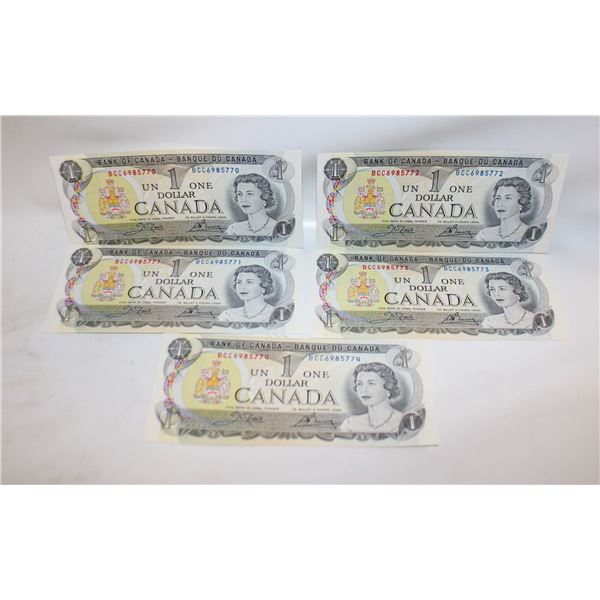 5 CONSECUTIVE SERIAL #'S $1 UNCIRCULATED BILLS CAN