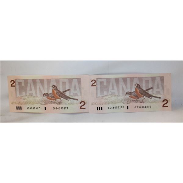 2 CONSECUTIVE SERIAL #'S $2 UNCIRCULATED BILLS CAN