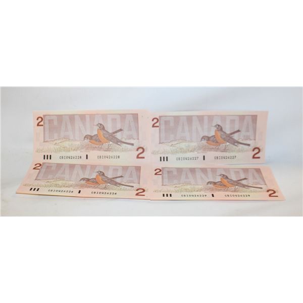4 CONSECUTIVE SERIAL #'S $2 UNCIRCULATED BILLS CAN