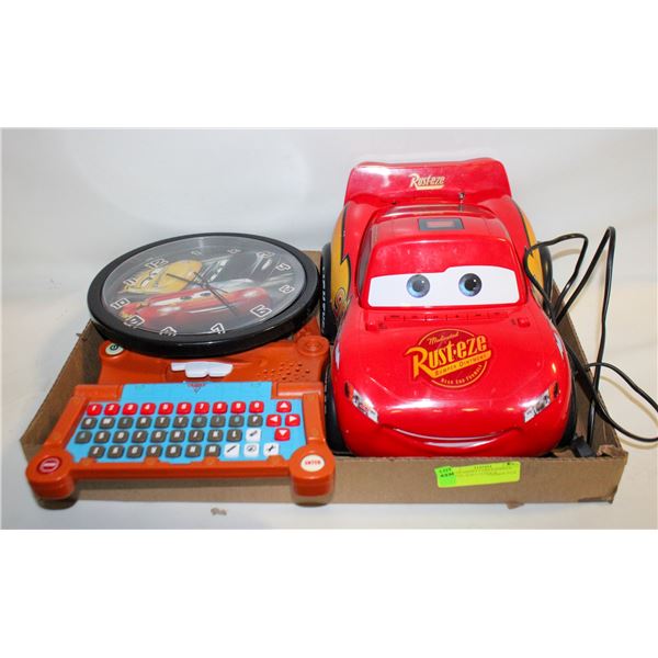 LOT OF DISNEY CARS RADIO/CD PLAYER, WALL CLOCK &