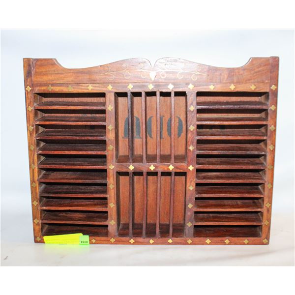 VINTAGE WOOD AND INLAID METAL CASSETTE STAND