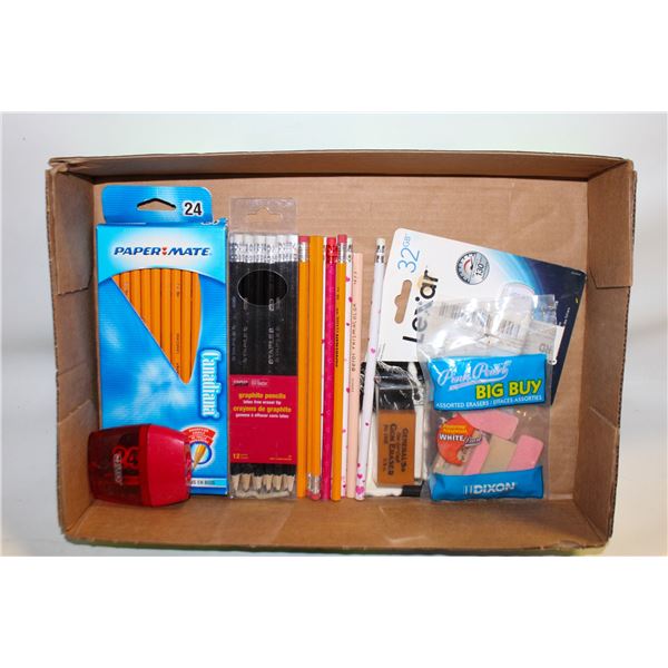 FLAT OF NEW PENCILS AND ERASERS
