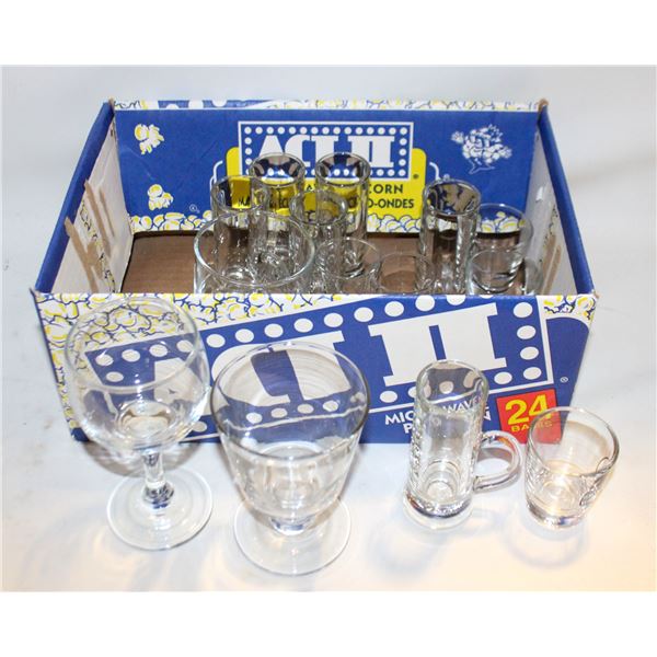 BOX OF SHOT GLASSES AND DRINK GLASSES
