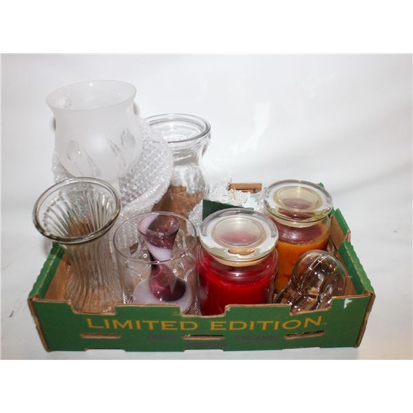 BOX OF HOME DECOR AND CANDLES