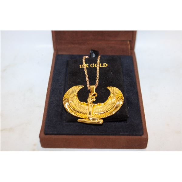NEW GOLD TONED ISIS WINGED NECKLACE, EGYPTIAN