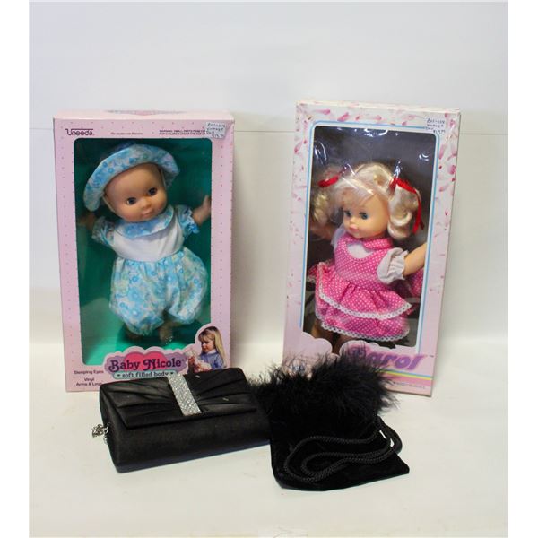 BLACK ELEGANT EVENING BAGS & 2 VTG. DOLLS IN