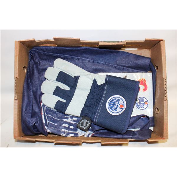 LOT OF NHL OILERS WORK GLOVES, BAG AND