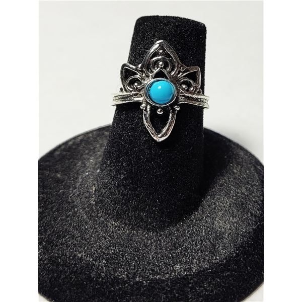 26)  SILVER TONE,  BEZEL SET ROUND TURQUOISE