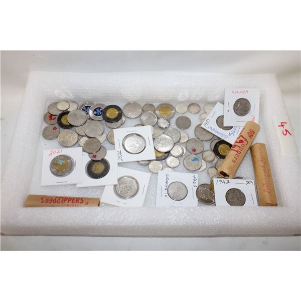 TRAY OF VARIOUS CDN COINS MANY SILVER