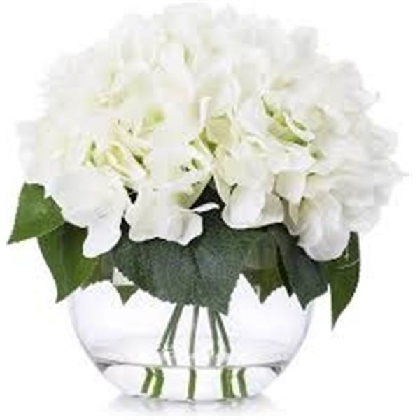 FAUX BLOOMING HYDRANGEA IN FAUX WATER IN VASE