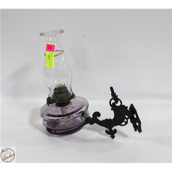 ANTIQUE DEPRESSION GLASS OIL LAMP WITH METAL WALL