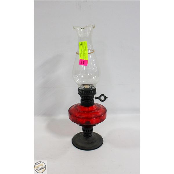 VINTAGE VICTORIAN CRANBERRY RED GLASS OIL LAMP
