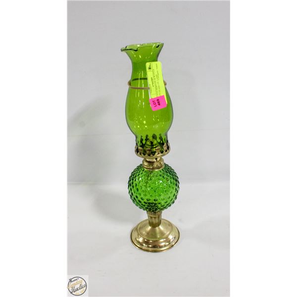 VINTAGE HOBNAIL & RUFFLE GREEN GLASS OIL LAMP