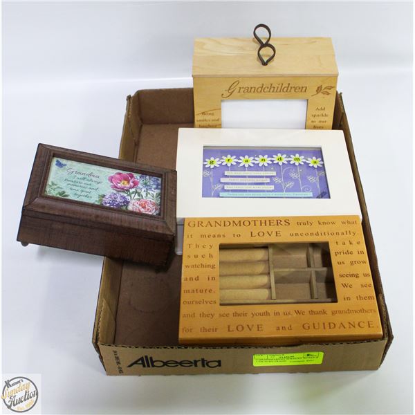 3 GRANDPARENT JEWELRY BOXES & 1 PICTURE FRAME
