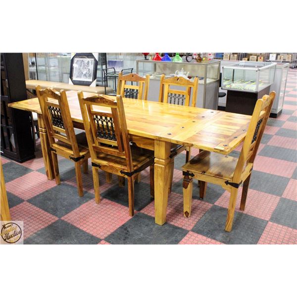 SOLID ACACIA WOOD TABLE W/2 END EXTENDERS+5 CHAIRS