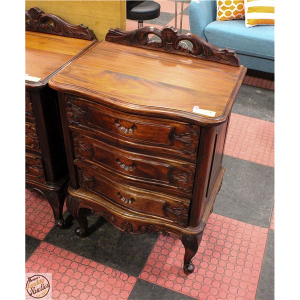 MAHOGANY STAINED SOLID WOOD HAND CARVED 3 DRAWER
