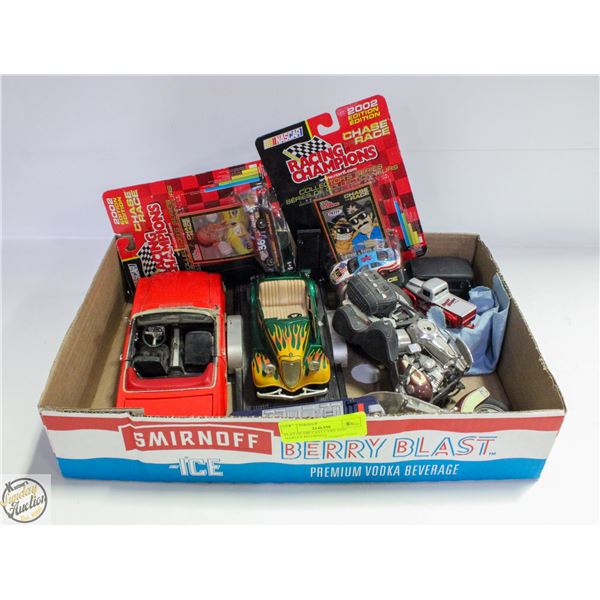 FLAT OF DIE CAST CARS AND HARLEY DAVIDSON