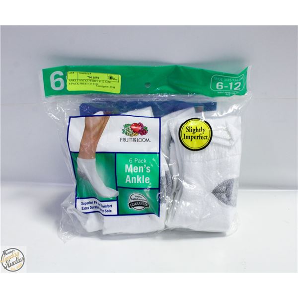 ANKLE SOCKS WHITE 6-12 SIZE 6-PACK FRUIT OF THE