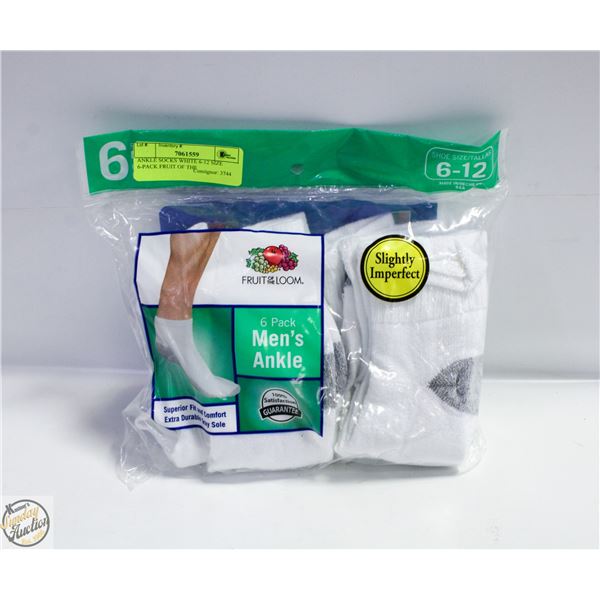 ANKLE SOCKS WHITE 6-12 SIZE 6-PACK FRUIT OF THE