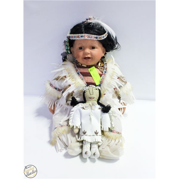 INDIGENOUS PORCELAIN LARGE DOLL & LEATHER
