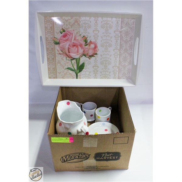 SET OF 4 POLKA DOTS CUPS & SAUCERS WITH JUG