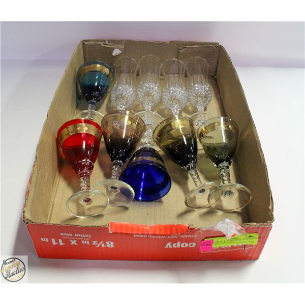 4 CRYSTAL FLUTES SOLD WITH 6 COLORED GLASSES